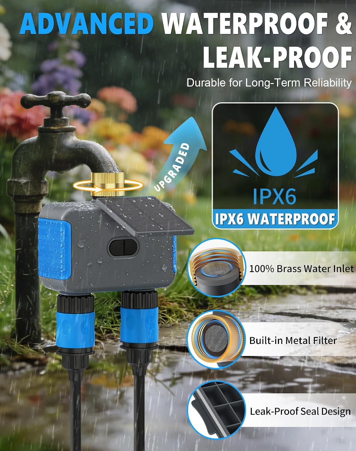 WiFi Solar Sprinkler Timer, 2 Zone Smart Bluetooth Hose Timers | Water Timer for Garden Hose with APP, Digital