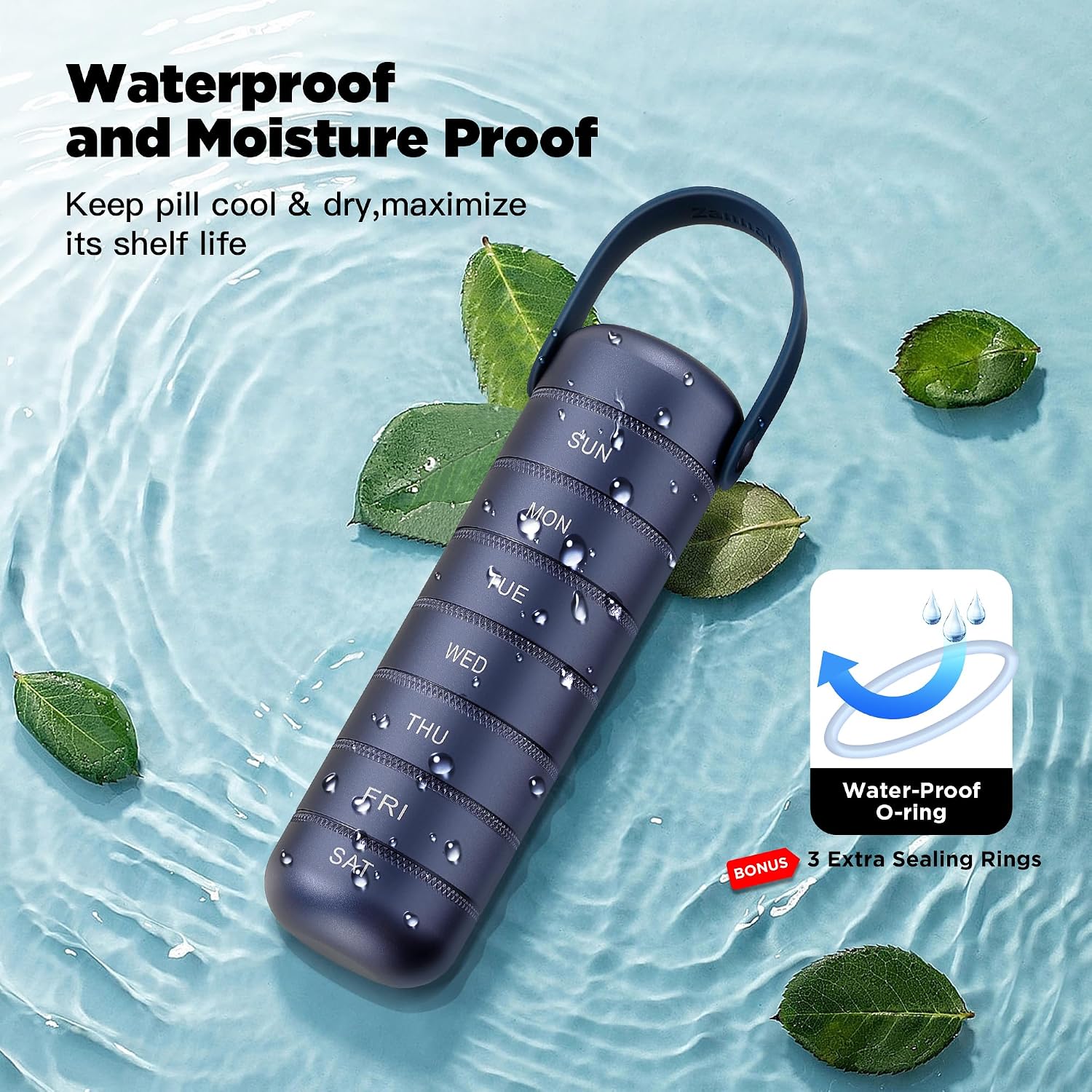Metal Weekly Pill Organizer, Large Travel Pill Box 7 Day, Waterproof Daily Pill Case with Silicone Handle, Aluminum