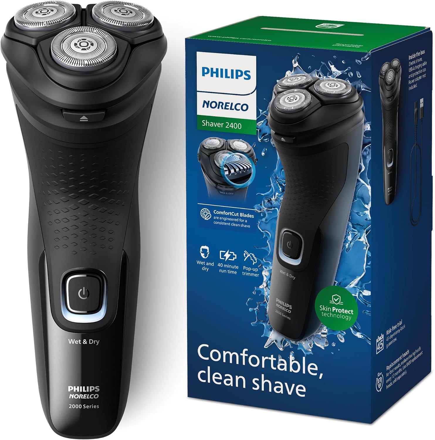 Philips Norelco 2400 Series Electric Shaver, Deep Black | 27 Self Sharpening ComfortCut Blades, 4D Flex Heads, Wet or