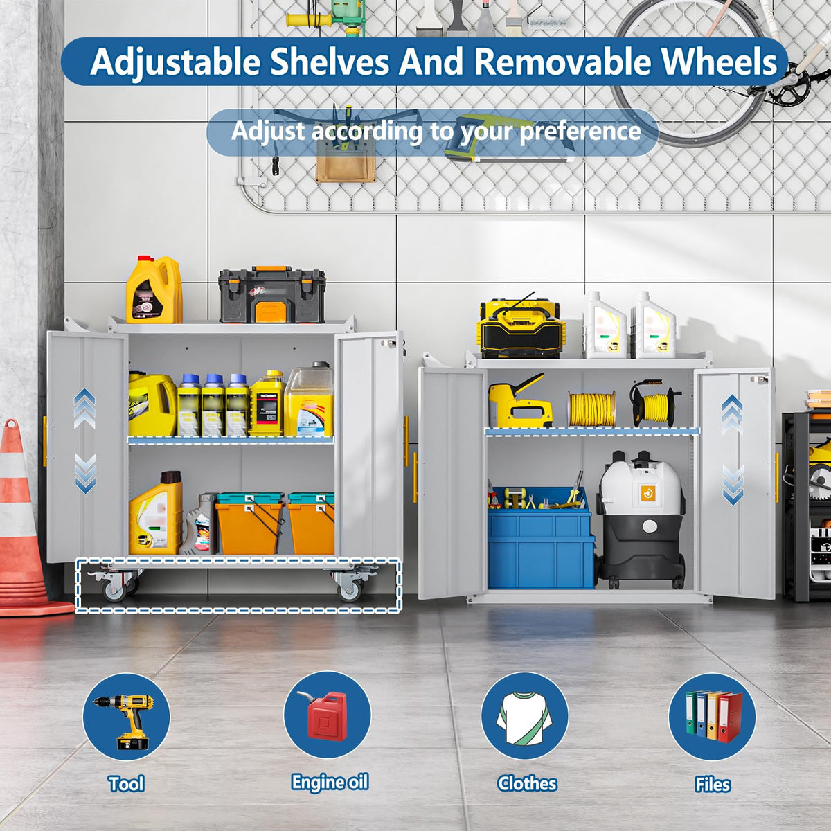 Metal Small Garage Storage Cabinet with Wheels and Locker