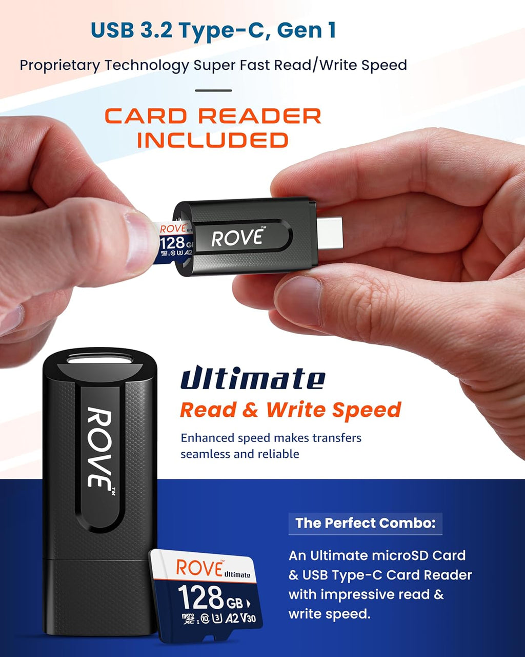 Ultimate Micro SD Card microSDXC 128GB Memory Card with USB 3.2 Type C Card Reader 512GB 170MB/s C10, U3, V30, 4K, A2
