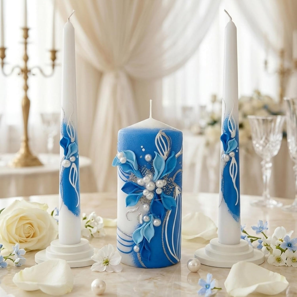 Sapphire Bloom Unity Candle Set for Wedding Ceremony& Reception, Blue & White Handmade Wedding Candles, Unscented 6"