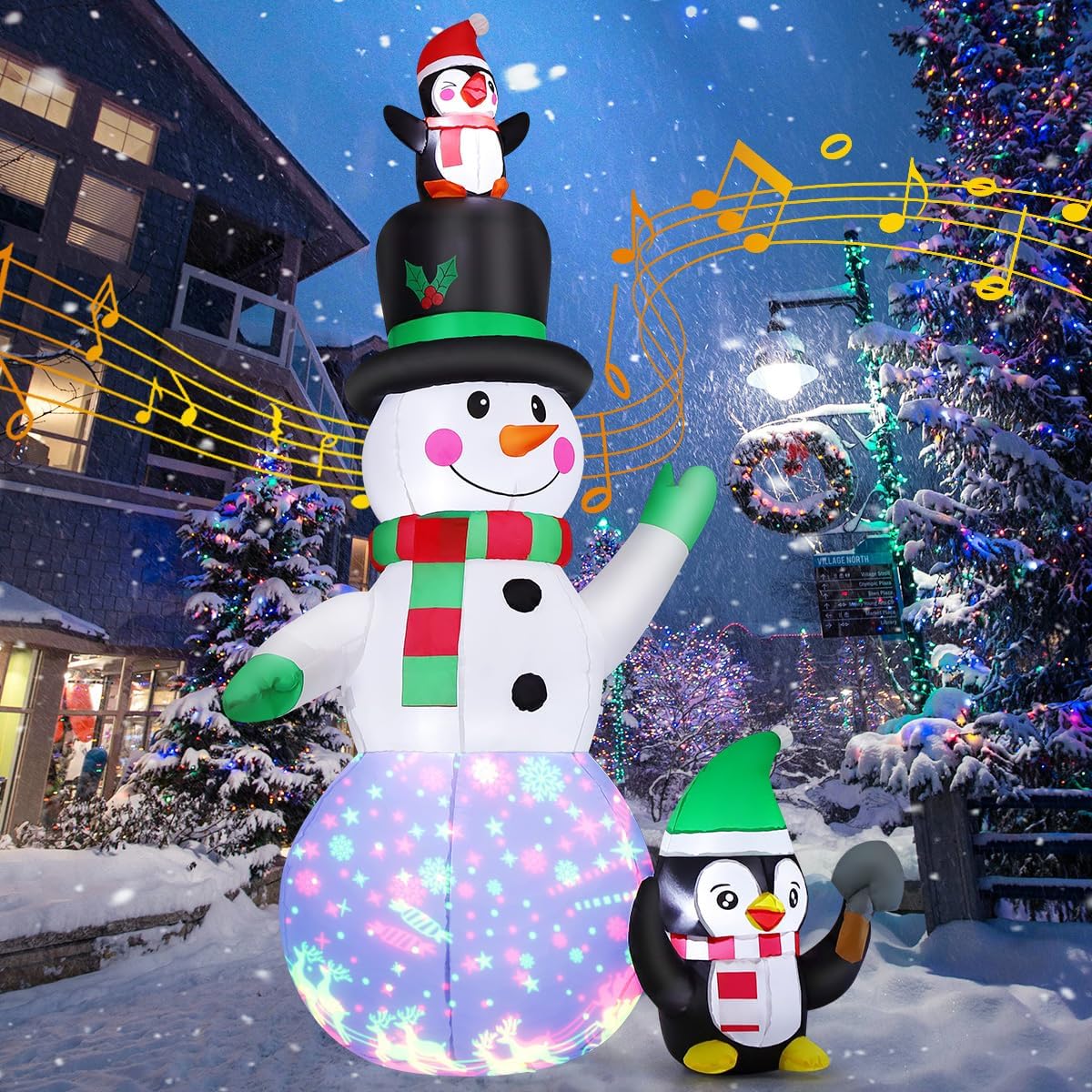 7 FT Christmas Inflatables Snowman and Penguin with Built-in Music & 360° Rotation Colorful Projector LED Light, Blow