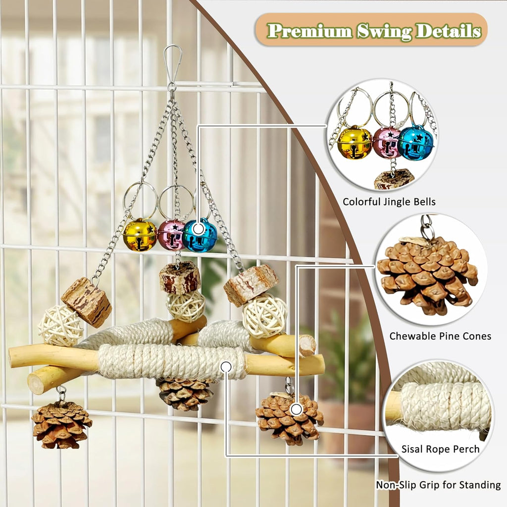 3 in 1 Bird Swing and Climbing Rope Set Triangle Wooden Perch with Bells and Natural Chew Toys Flexible Cotton Rope