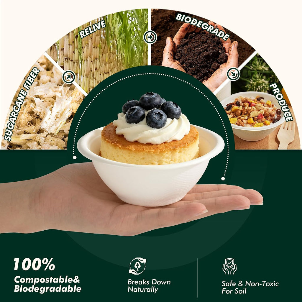 Paper Bowls 8 oz [100 Pack], Disposable Compostable Soup Bowls, Heavy Duty White Bowls Bulk, Made of Natural