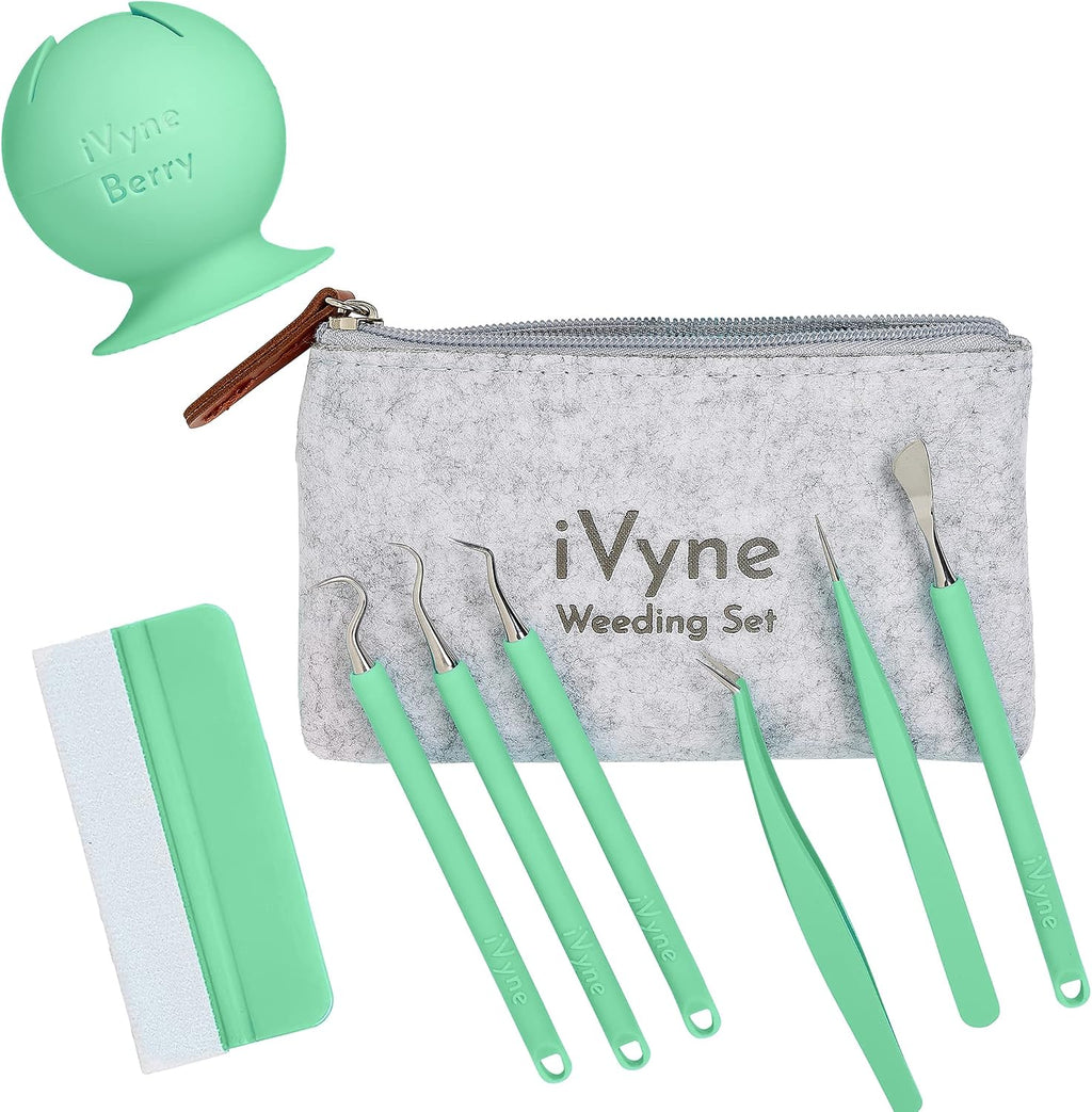 (8pcs) Premium Vinyl Weeding Tool Kit & Weeding Scrap Collector Soft Grip Tools with Berry, Weeder, Tweezers, Picker