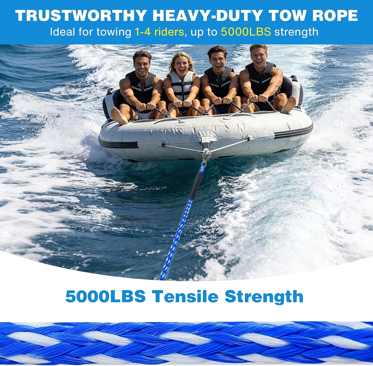 Heavy Duty Boat Tow Harness for Tubing, Self Centering Boat Tow Rope for Tubing 1-4 Riders with 360° Rotating Pulley
