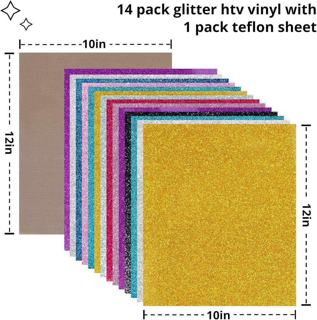 Glitter Heat Transfer Vinyl - 15 Pack 12" x 10" Glitter HTV Vinyl | HTV Sheets Glitter HTV Vinyl for T-Shirts