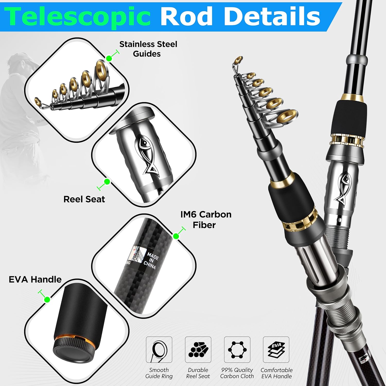 Fishing Rod, Telescopic Fishing Rod and Reel Combo, Collapsible Travel Fishing Pole Rod Starter Kit, Carbon Fiber