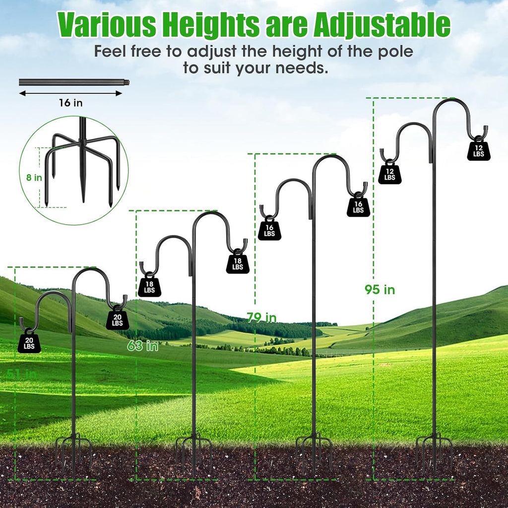 79 Inch Double Shepherds Hooks for Outdoor, Heavy Duty Bird Feeder Pole with 5 Prongs Base for Hanging Lantern