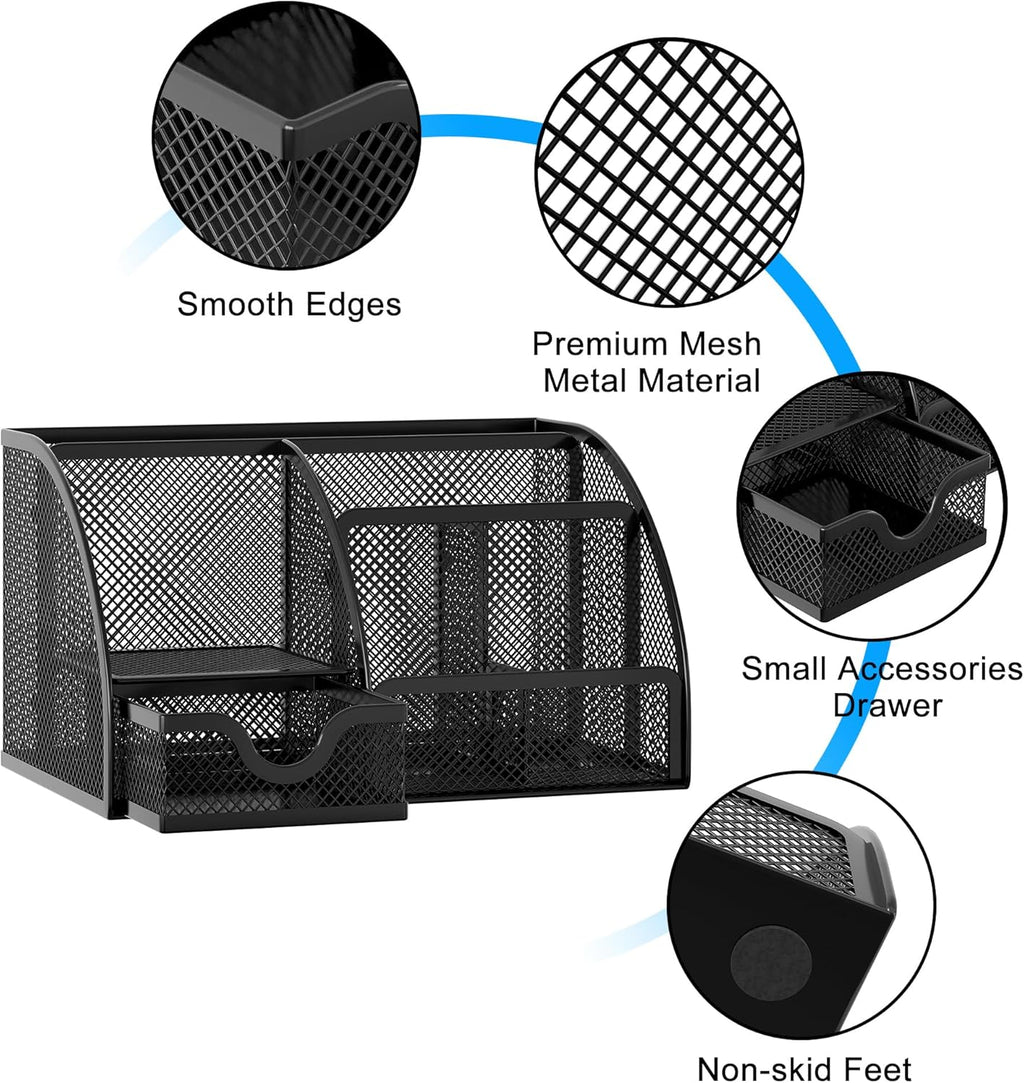 Mesh Desk Organizer with Drawer Multi-functional Pen Holder Stationery Organizer for Office School Supplies 6
