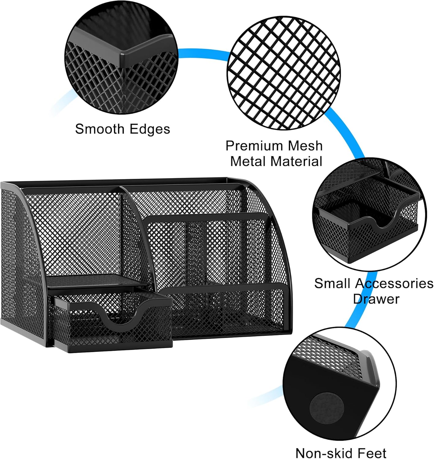 Mesh Desk Organizer with Drawer Multi-functional Pen Holder Stationery Organizer for Office School Supplies 6