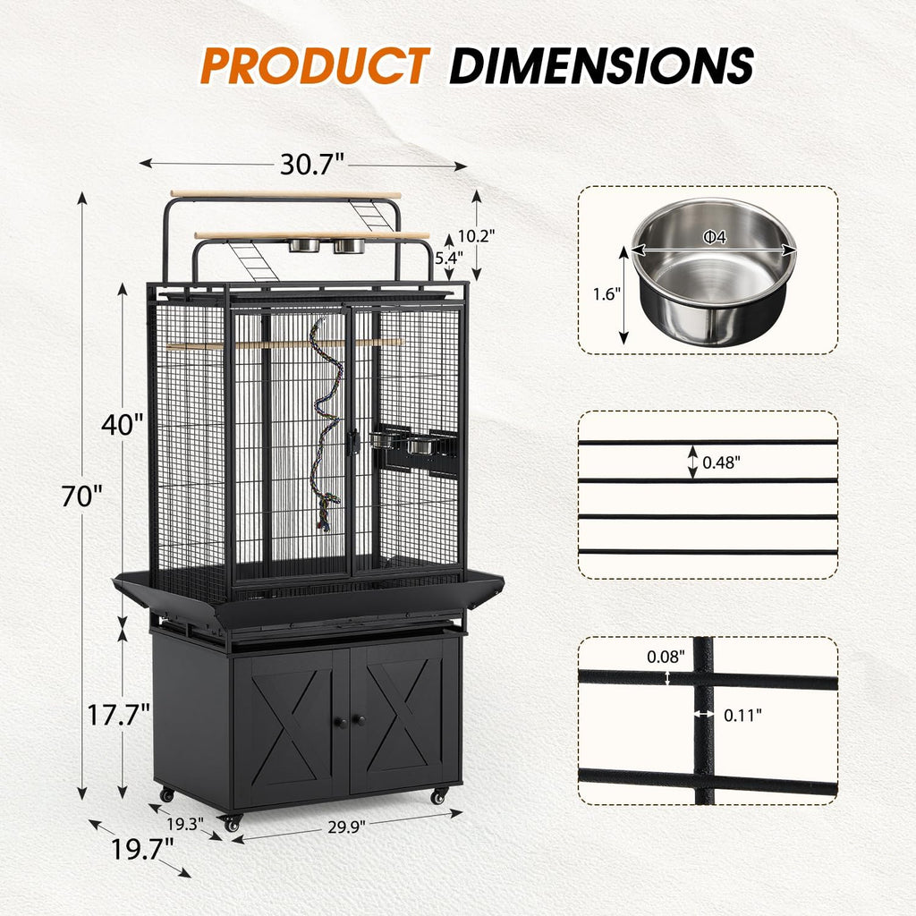 70" Large Bird Cage with Play Top, Metal Parrot Cage with Storage Cabinet | Tall Big Bird Flight Cage with Pull-Out