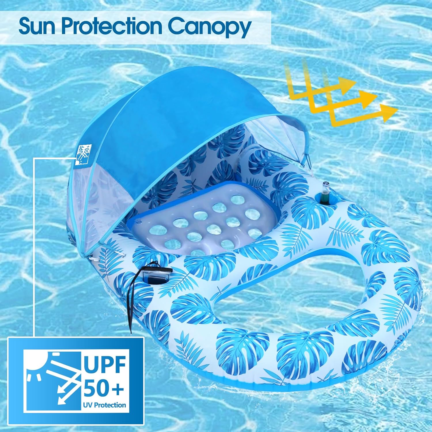 Pool Lounge Float with Canopy UPF50+,Extra Large Pool Floats for Adults Heavy Duty,Inflatable Lounger Float with Cup