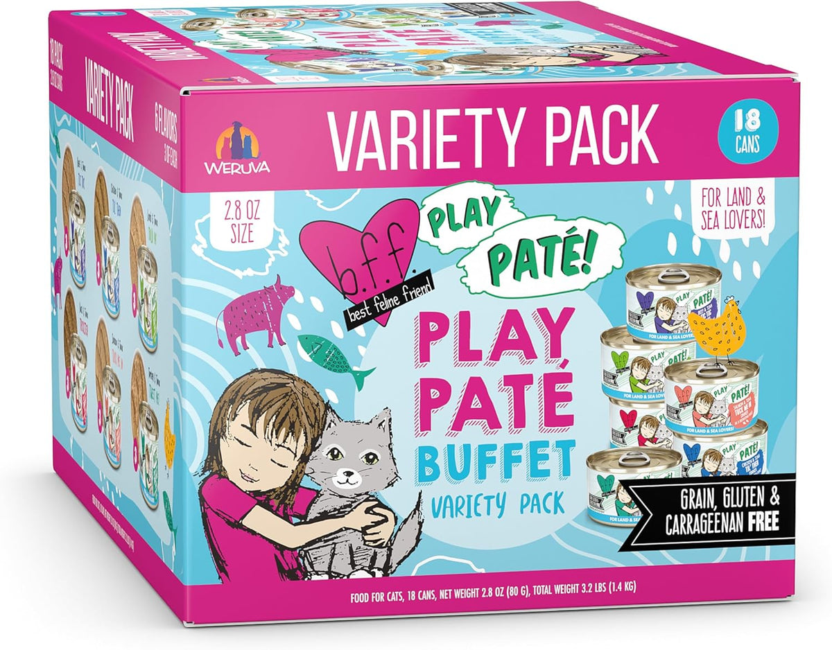 B.F.F. Play - Best Feline Friend Paté Lovers, Aw Yeah!, Play Paté Buffet Variety Pack, 2.8oz Can (Pack of 18)