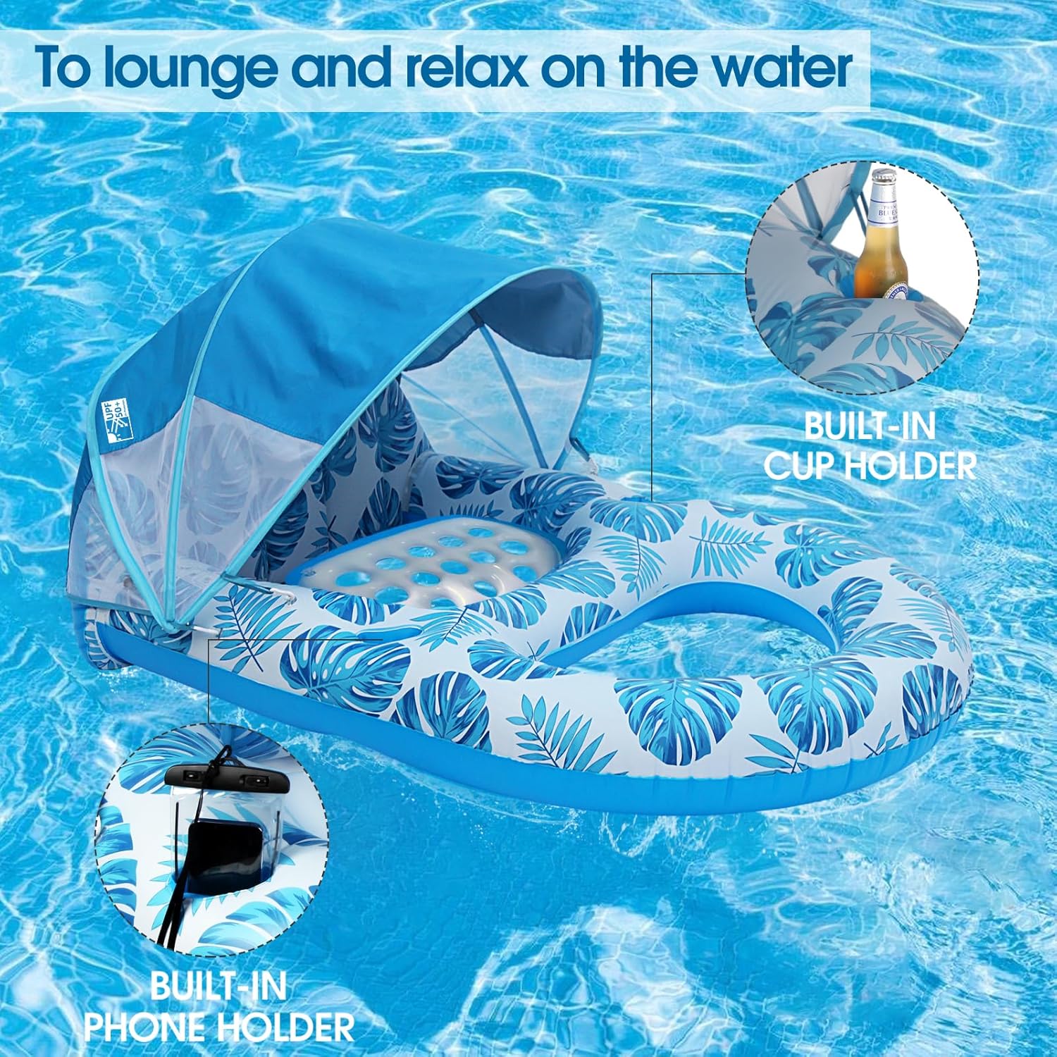 Pool Lounge Float with Canopy UPF50+,Extra Large Pool Floats for Adults Heavy Duty,Inflatable Lounger Float with Cup