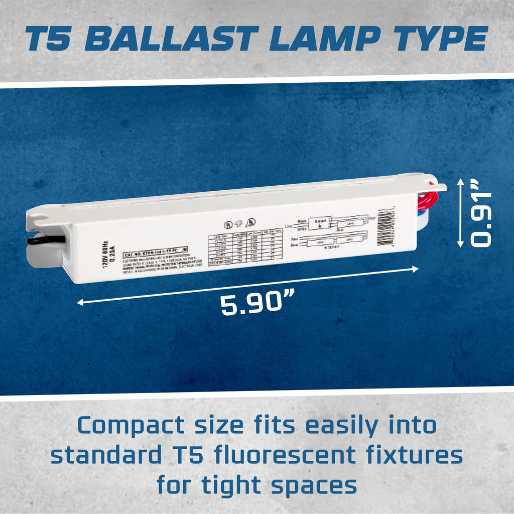 T5 Fluorescent Ballast, 14W, 120V, 1 Lamp, Rapid Start, 2 Pack