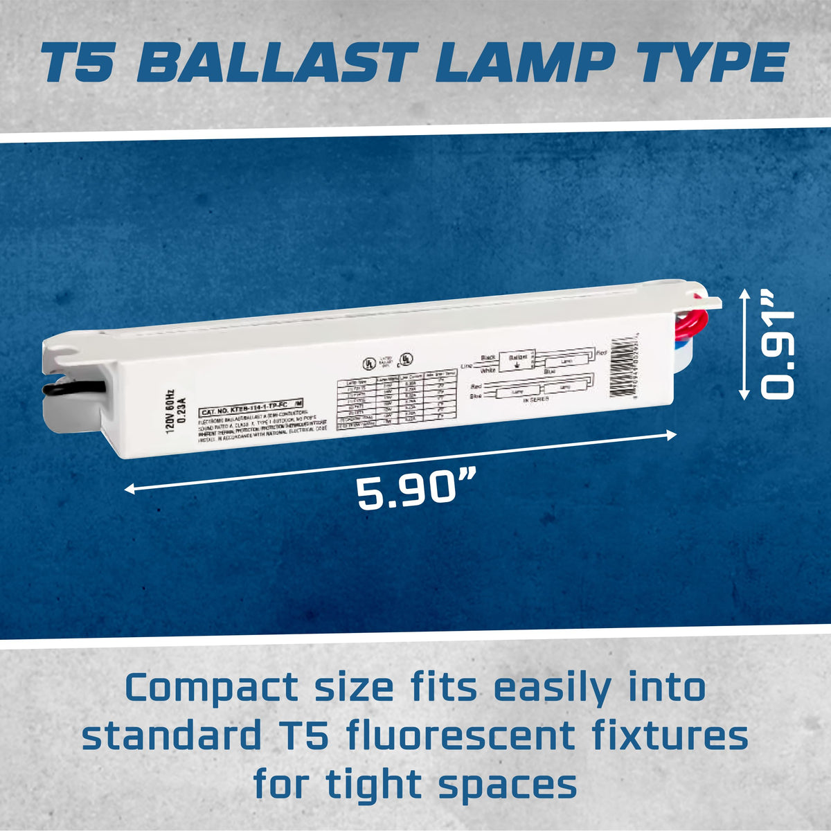 T5 Fluorescent Ballast, 14W, 120V, 1 Lamp, Rapid Start, 2 Pack