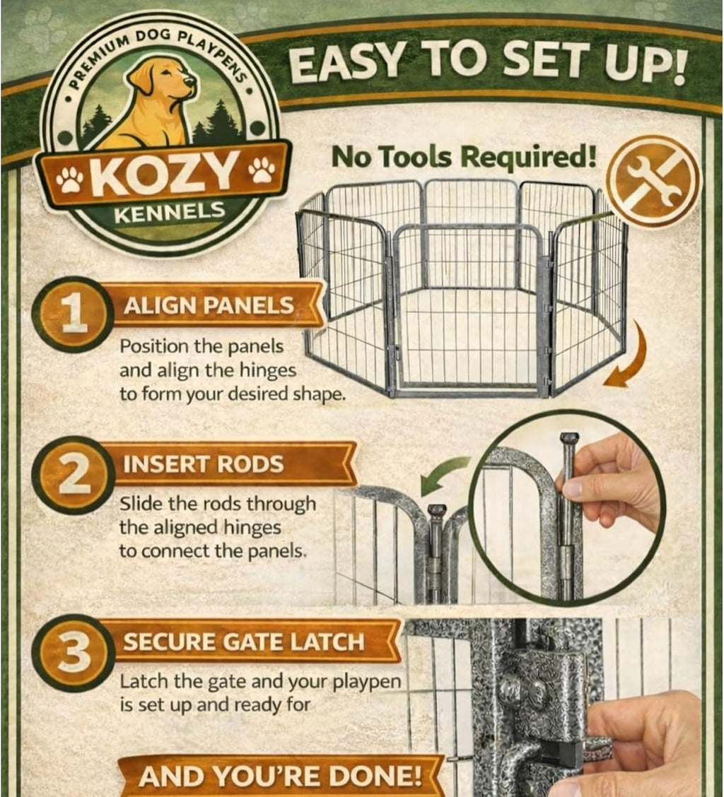 Dog Playpen w/Square Top Shade Cover - 40 inch, 8 Panel Portable Grey Metal Pet Play Pen for Medium & Large Dogs