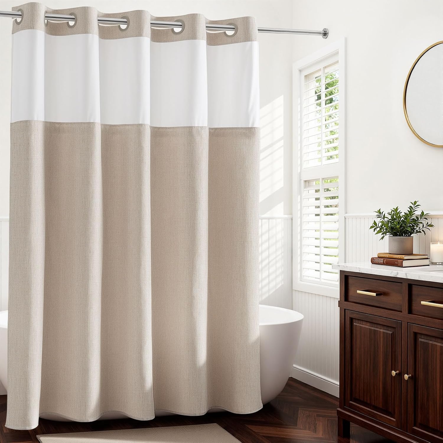 Linen Textured No Hooks Shower Curtain with Liner,Linen,71x74 | Mesh Top Window,with Snap-in Liner,Heavy Duty