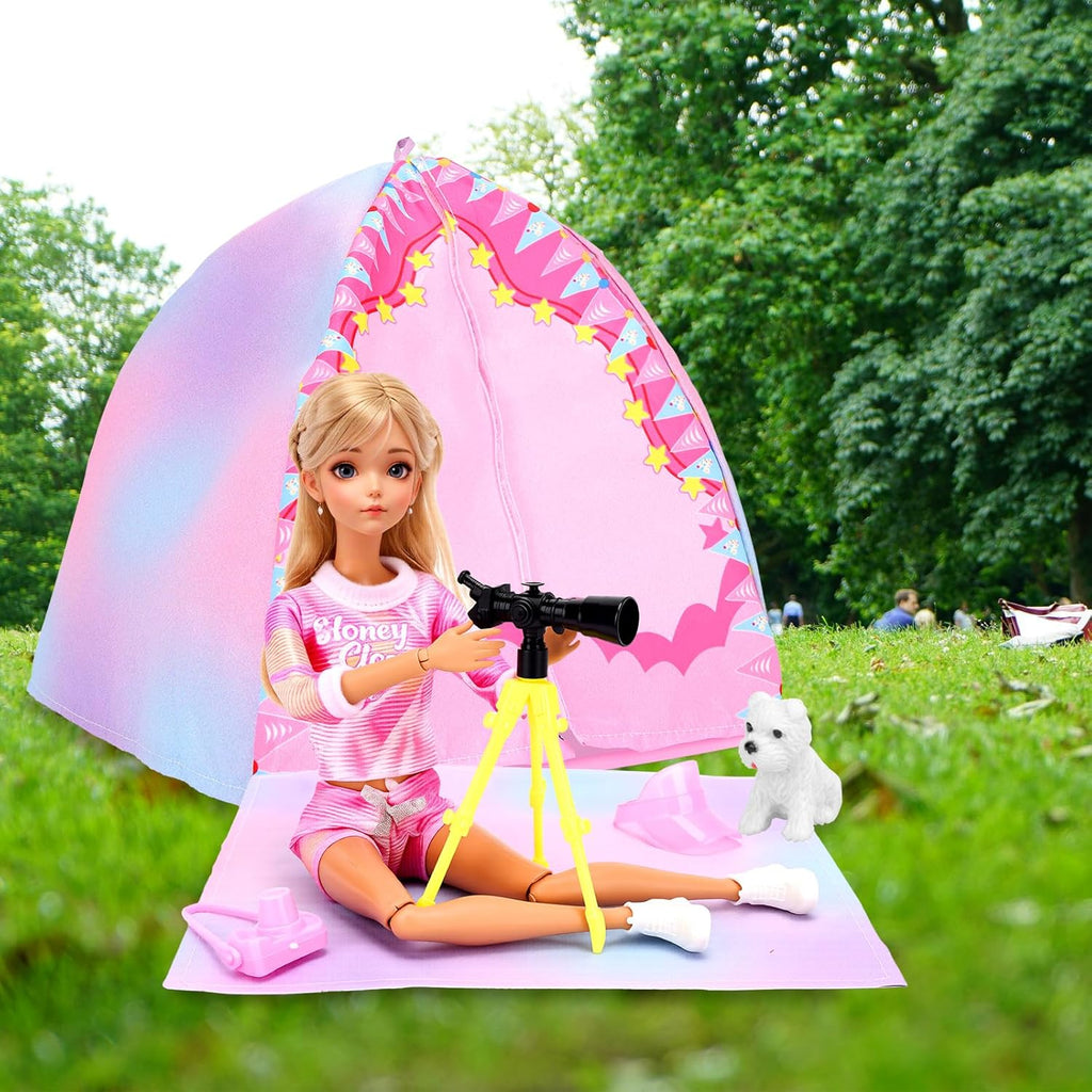 35PCS Doll Camping Playset for 11.5" Girl Dolls - STEM Tent with Backpack, BBQ Grill & Stargazing Tools Pretend Play