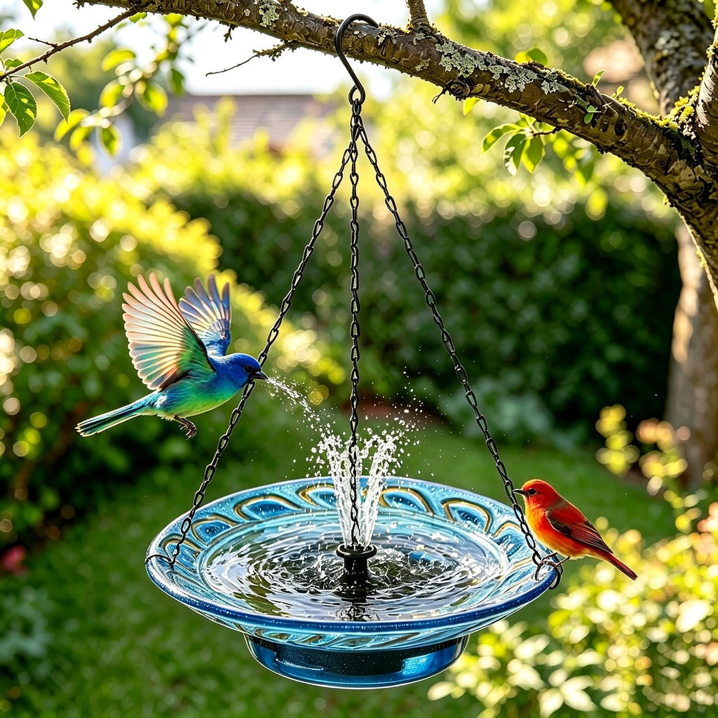 12.2" Hanging Glass Bird Bath for Outdoors, Blue Peacock Feather Pattern