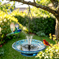 12.2" Hanging Glass Bird Bath for Outdoors, Blue Peacock Feather Pattern