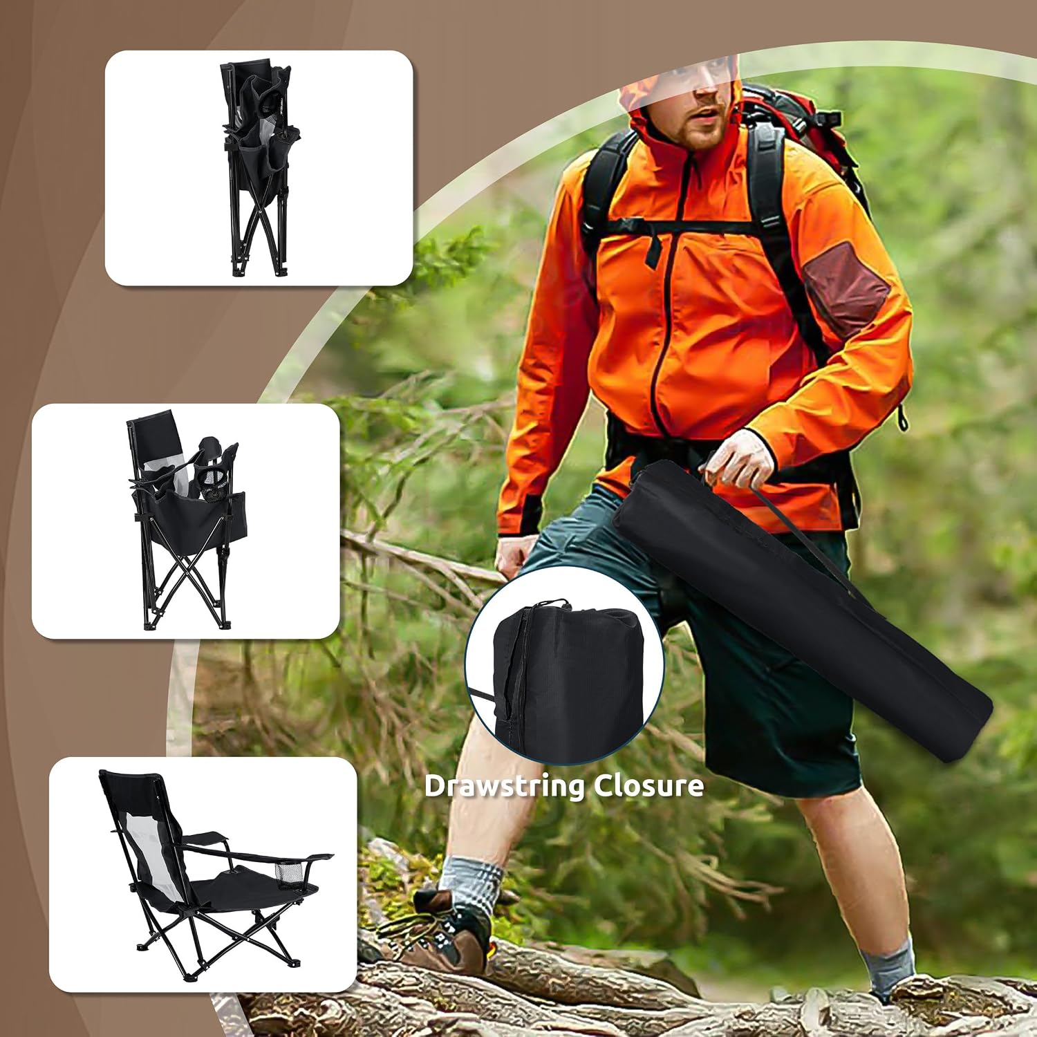 Low Beach Chairs, 3Pcs Folding Camping Chairs with Table - Black | Lawn Chair Set for Adults Fishing, Picnic