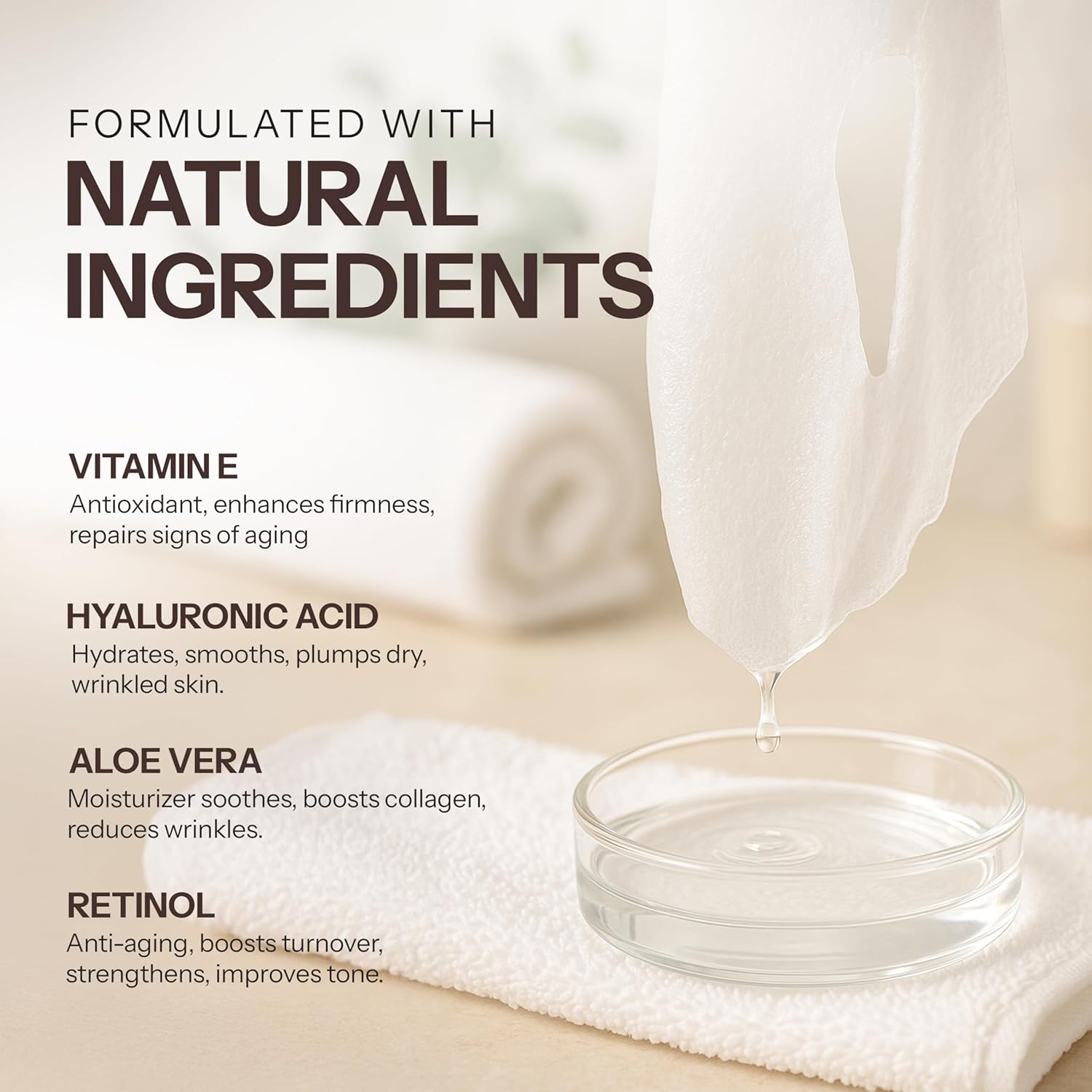 Retinol & Vitamin E Sheet Mask - Anti-Aging, Acne Scar & Hyperpigmentation - Hydrating, Dermatologist Tested Korean