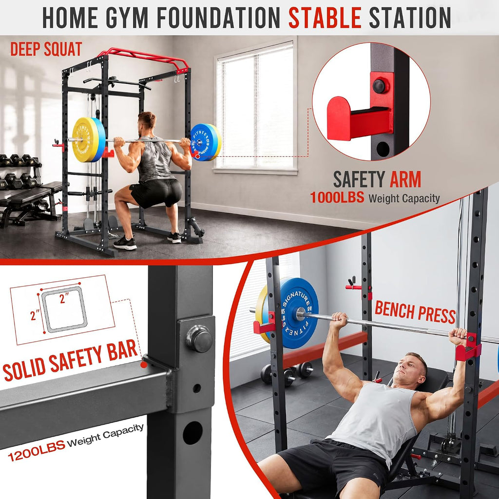 Power Rack, Multi-Function Squat Rack with LAT Pull Down, Power Cage with Pulley System, Strength Training Home Gym