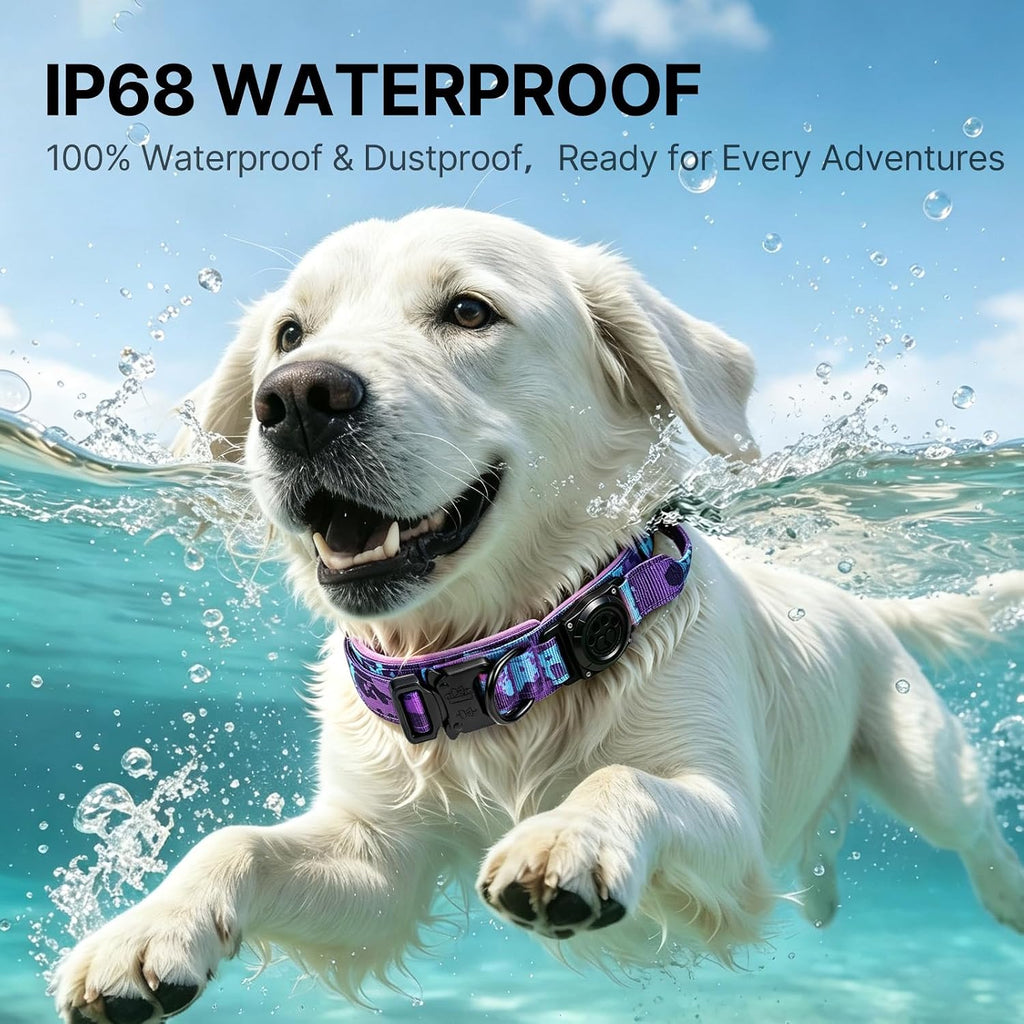 IP68 Waterproof Tactical Airtag Dog Collar with Handle,Purple Camo,L