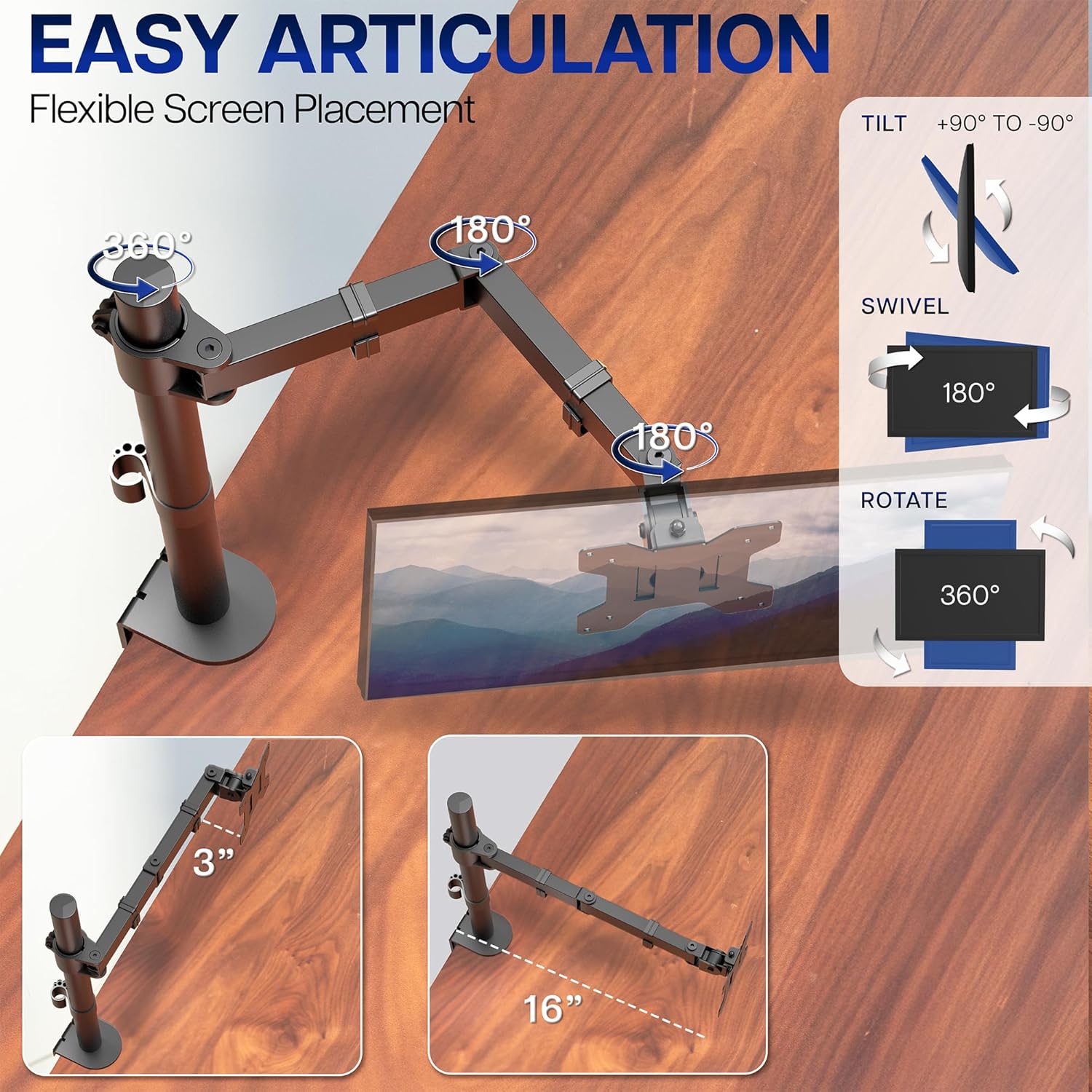 Single 13 to 38 inch Ultrawide Monitor Arm Desk Mount, Regular Screens up to 32 inches, 22 lbs capacity, Fully