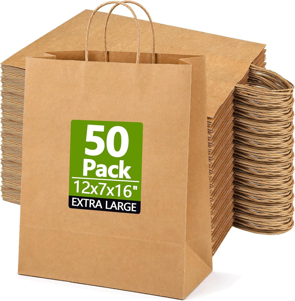 Brown Paper Bags with Handles, 50 Pack 12x7x16 Inch