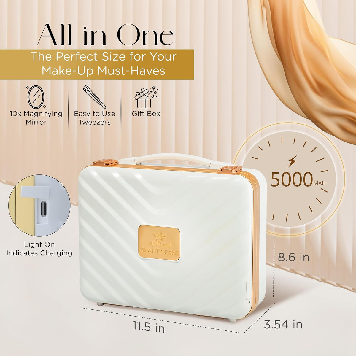 Lighted Makeup Case with Mirror + 10x Mini Mirror - Portable, 3 LED Modes, Adjustable Dividers I Travel Makeup Train