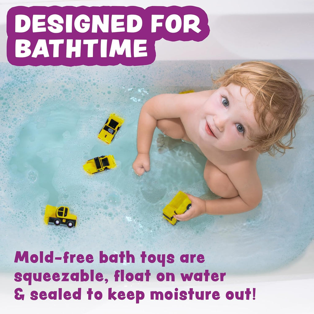 Construction Trucks Mold Free Bath Toys, 6 Pack | Sealed, No Hole Bath Toys Design Keeps Moisture Out | Soft
