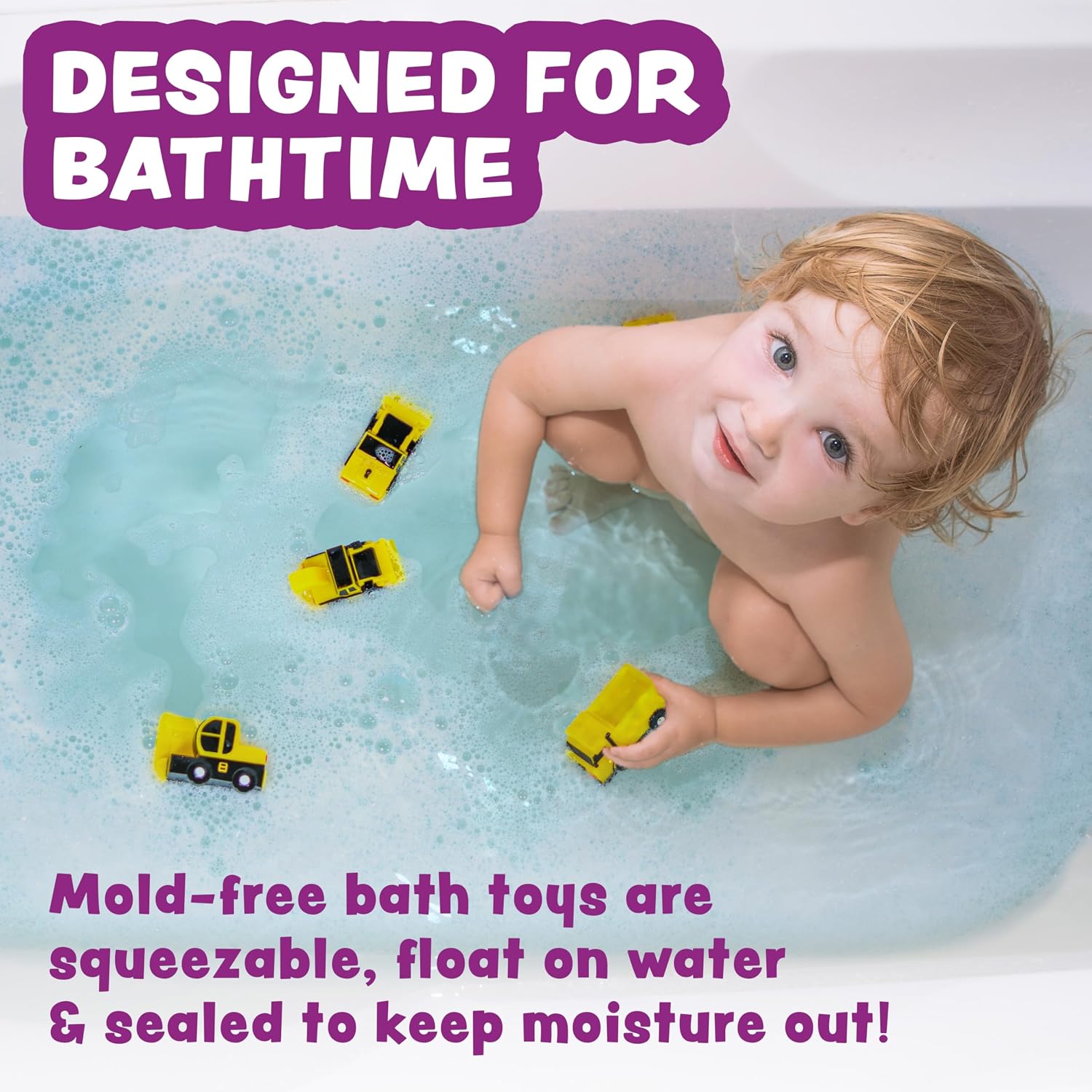 Construction Trucks Mold Free Bath Toys, 6 Pack | Sealed, No Hole Bath Toys Design Keeps Moisture Out | Soft