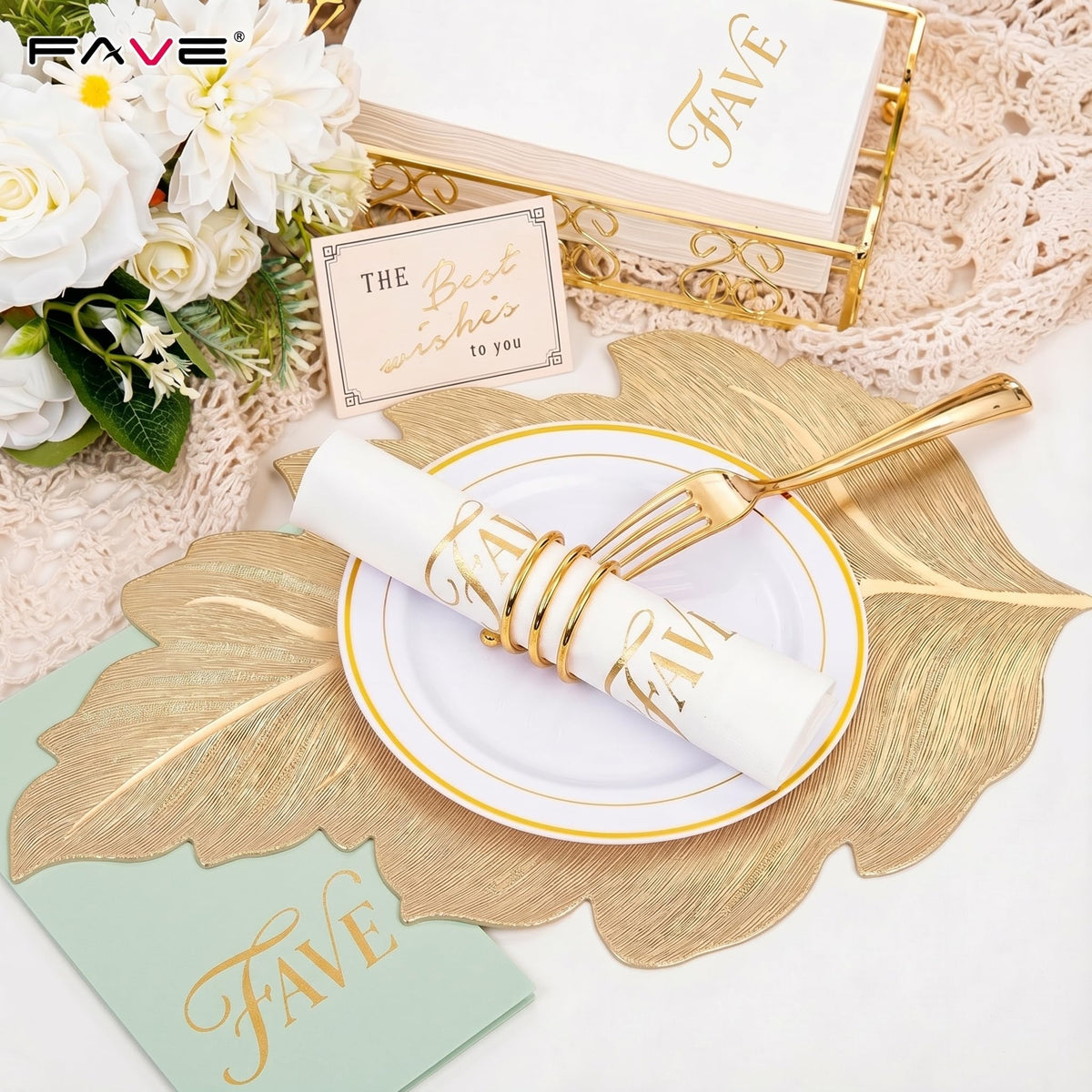 Gold Vinyl Placemats Set of 6, Washable Leaf Patterned Table Mats