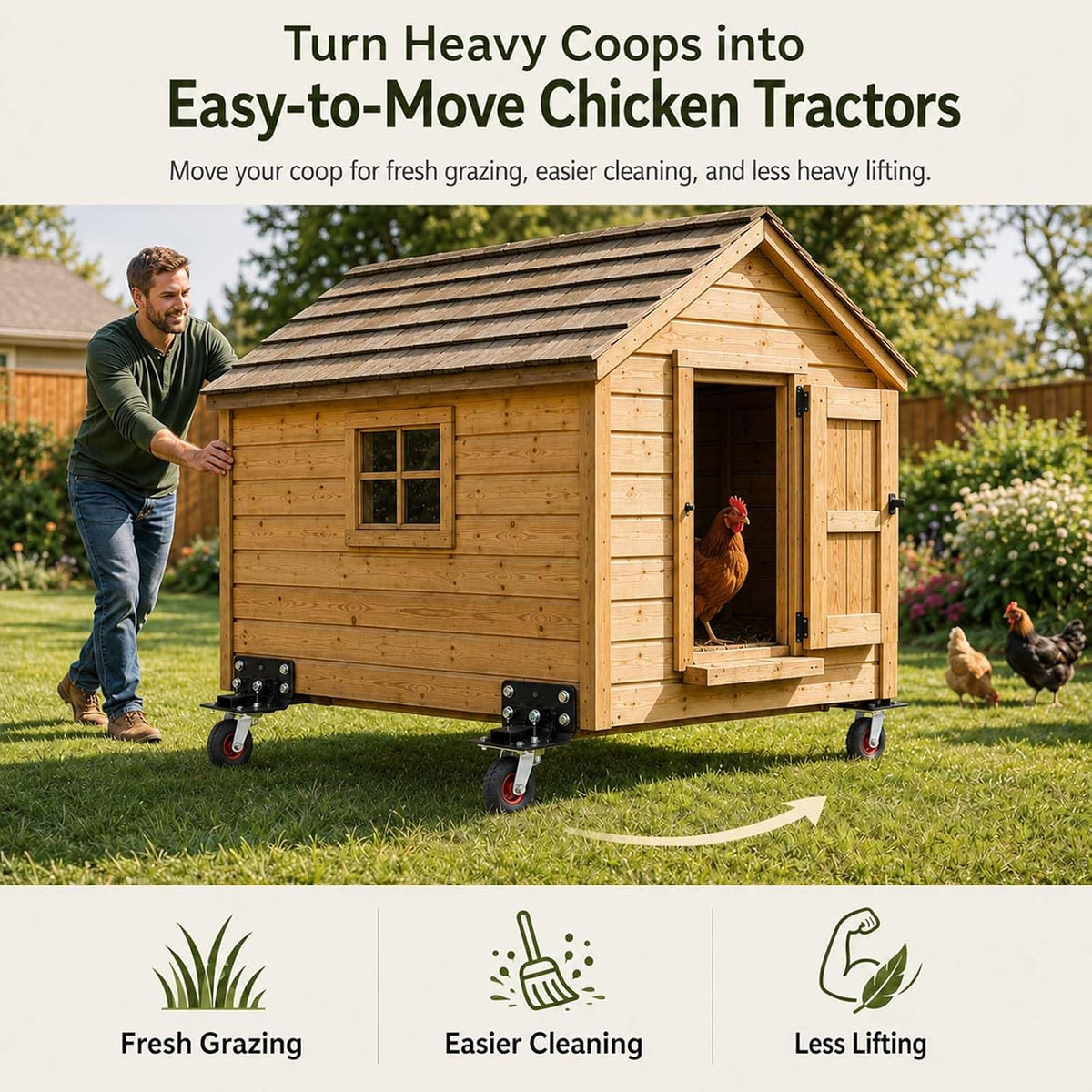 Chicken Tractor Wheels Kit with Lift System, Set of 4 Heavy Duty Foldable Swivel Casters,700 lb Load Capacity, Solid