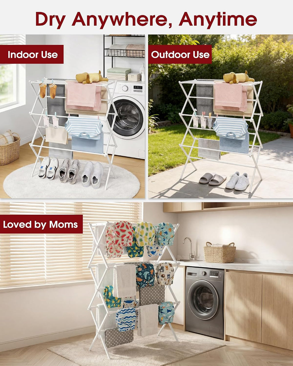 Foldable 3-Tier Clothes Drying Rack 37.4" H with Non-Slip Feet | Indoor & Outdoor Use, Space Saving, Metal Frame