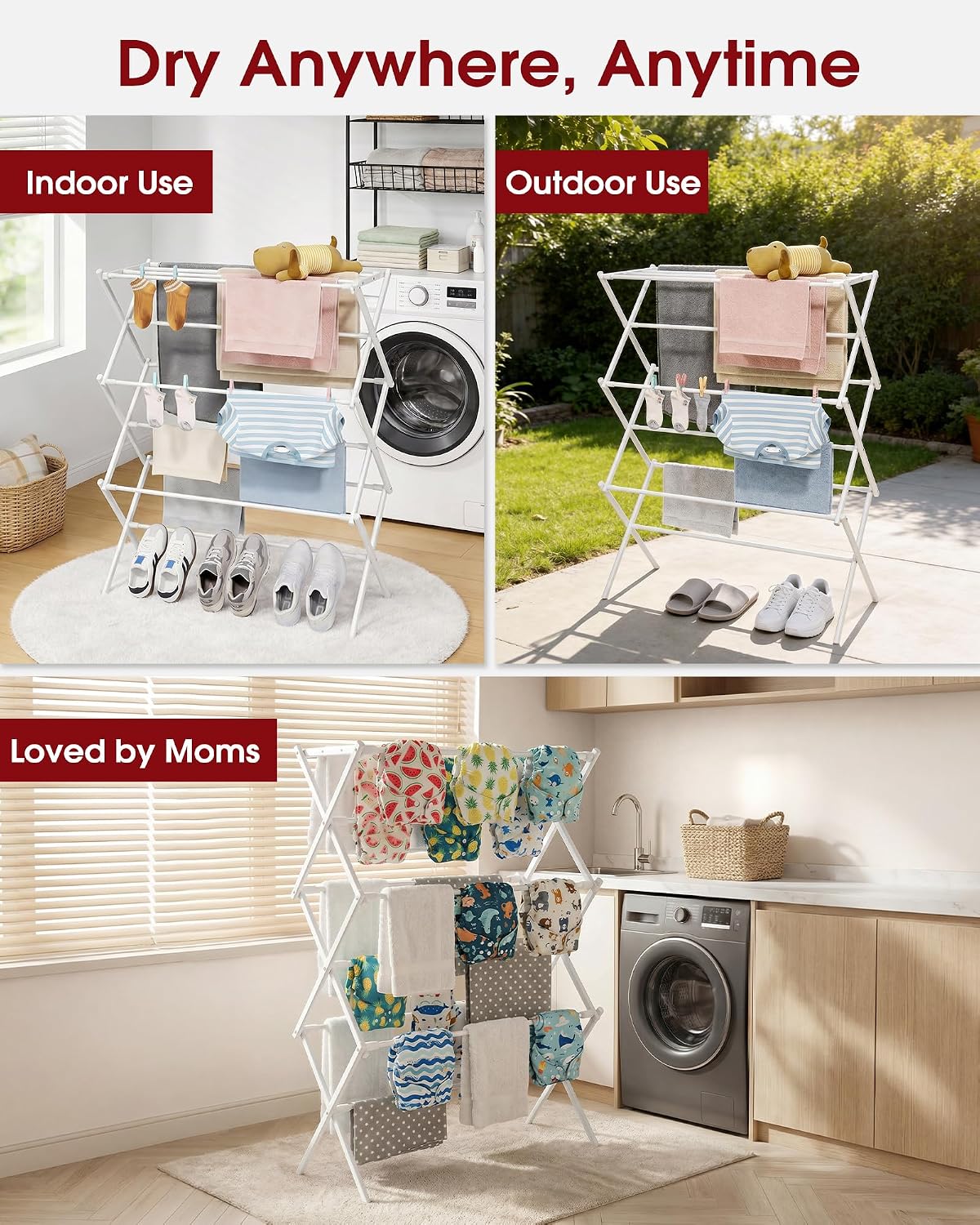 Foldable 3-Tier Clothes Drying Rack 37.4" H with Non-Slip Feet | Indoor & Outdoor Use, Space Saving, Metal Frame