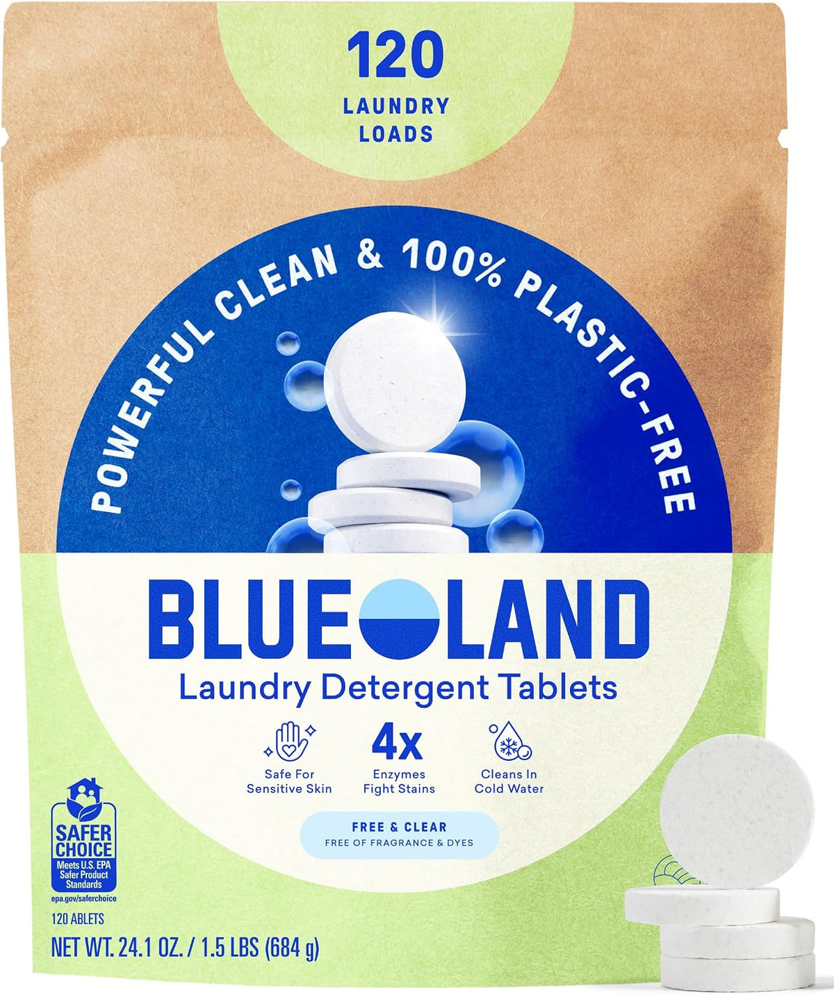 100% Plastic-Free Laundry Detergent Tablets, 120ct, Free & Clear