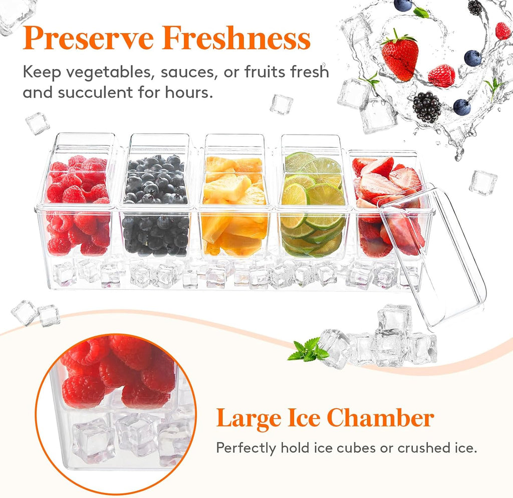 Chilled Condiment Caddy with 5 Individual Lids, Ice Garnish Tray