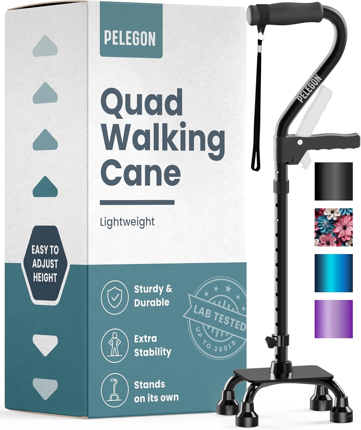 Quad Cane (300LB) - Adjustable Walking Cane with A Large 4 Pronged Base for Extra Balance & Stability, Walking Canes