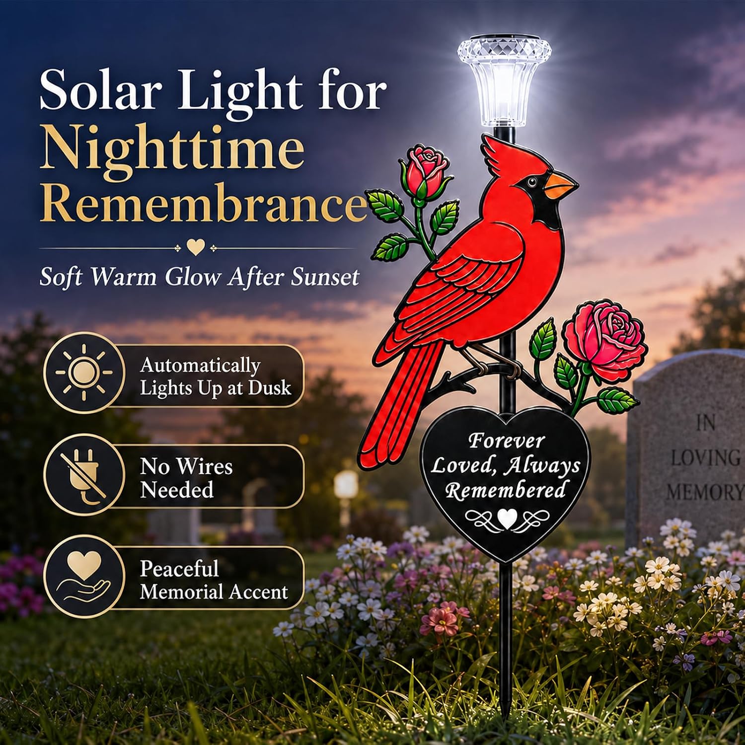 Solar Cardinal Memorial Stake,Metal Cemetery Decoration