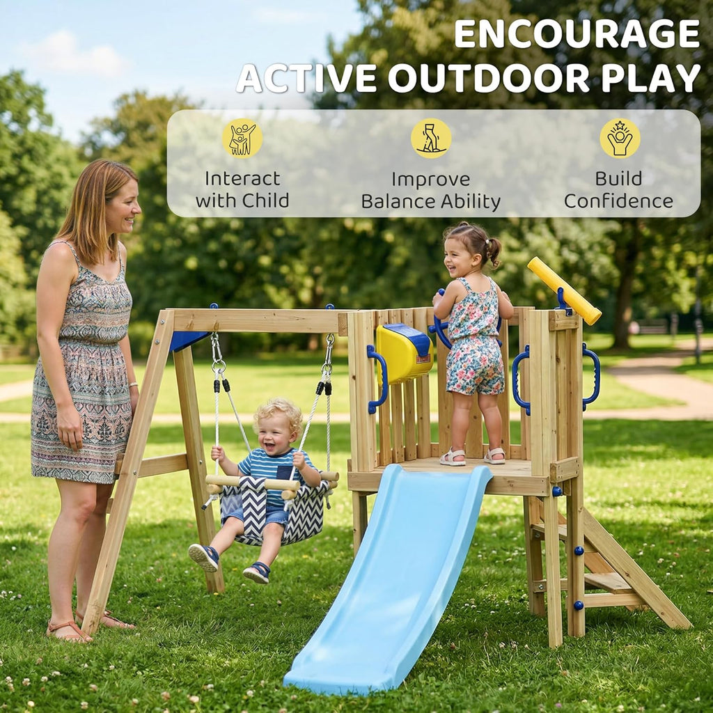 Swing Set for Backyard Wooden Toddler Playset Ages 1.5-4 Natural | Outdoor Playset, Baby Swing Seat, Kids Slide