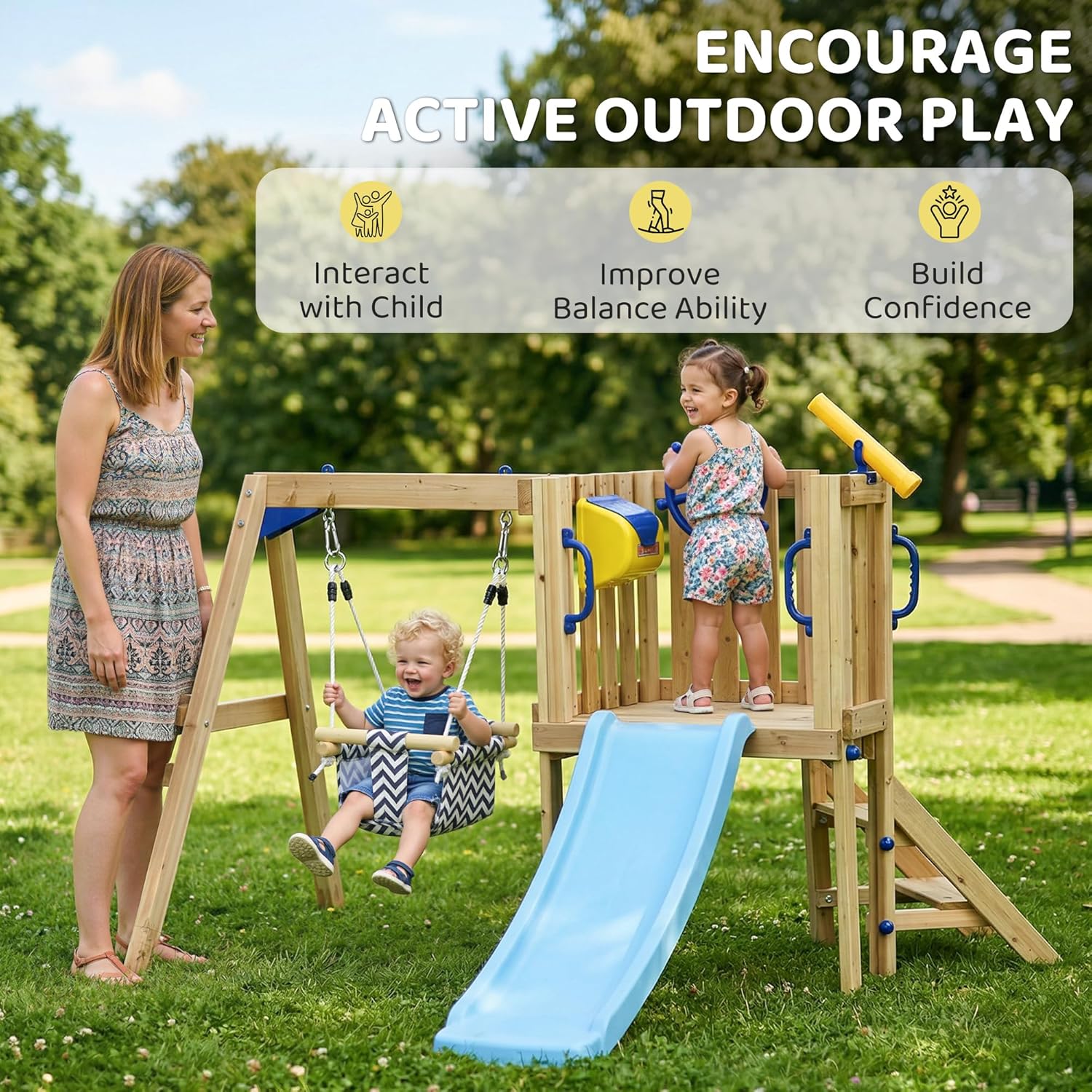 Swing Set for Backyard Wooden Toddler Playset Ages 1.5-4 Natural | Outdoor Playset, Baby Swing Seat, Kids Slide