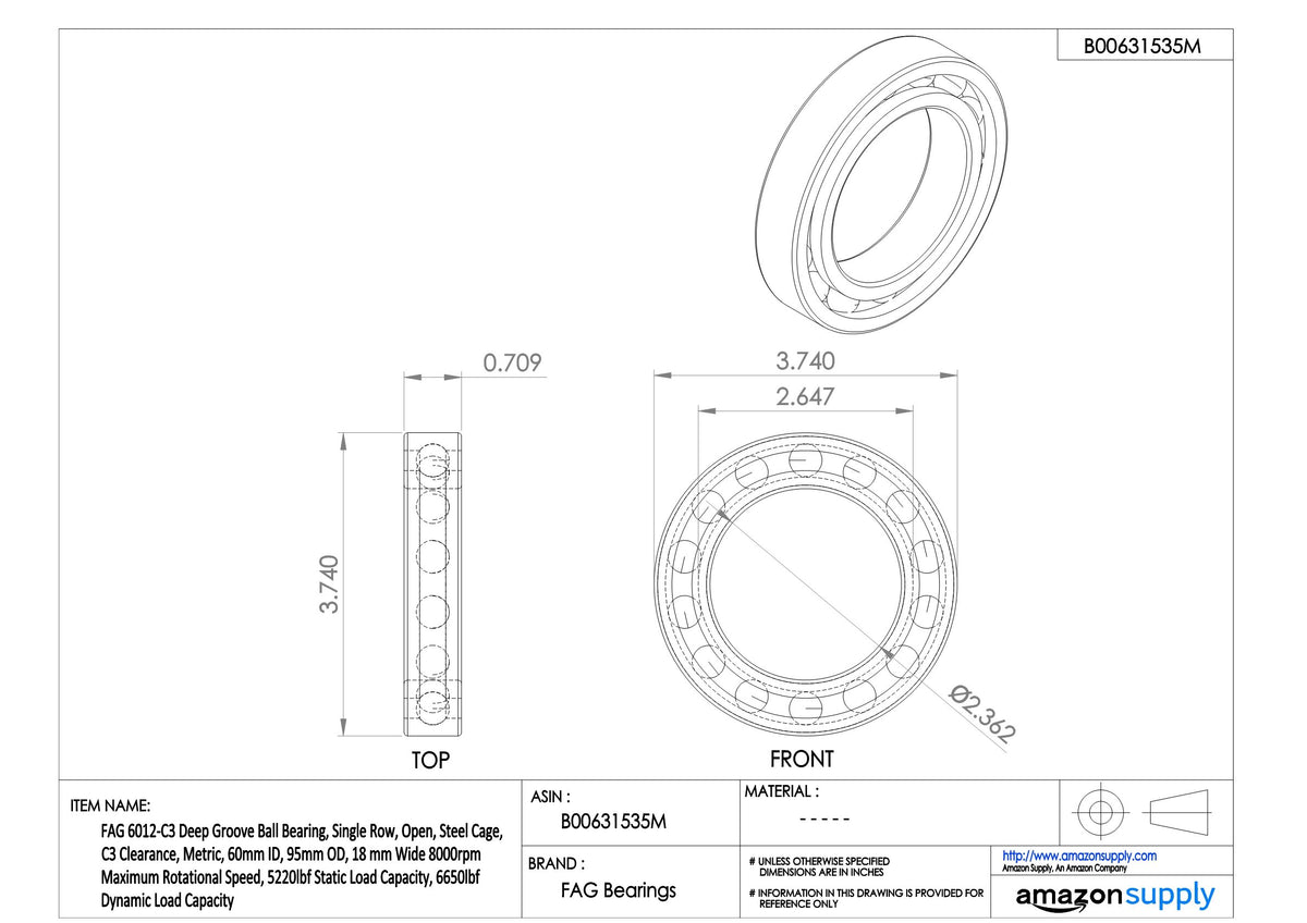 FAG Deep Groove Ball Bearings Single Row Design 6012-C3