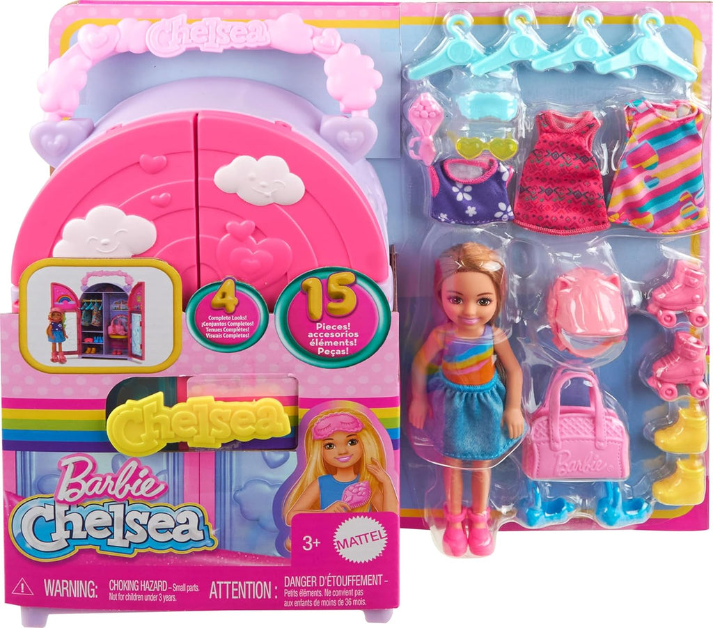 Barbie Chelsea Doll & Closet Toy Playset with 15 Pieces Clothes & Accessories Included, Foldable Set for On-The-Go