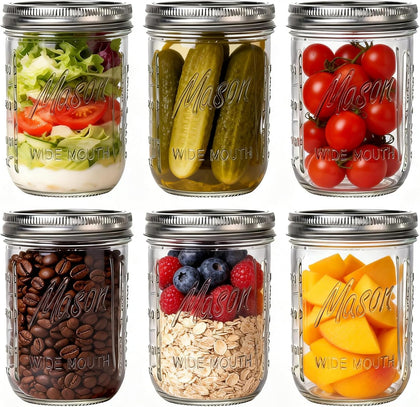 6-Pack Mason Jars 16 oz with Lids – Wide Mouth Glass mason jars, Airtight Leak-Proof canning jars 16 oz for Food