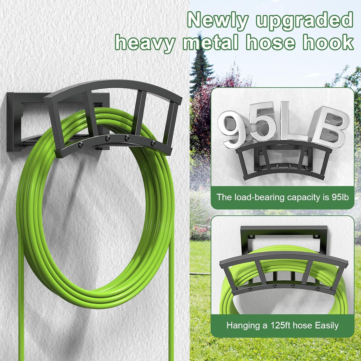 Garden Hose Holder Wall Mounted, Outdoor Heavy Duty Metal Water Hose Holder Hanger Holds 125-ft Water Pipe, Sturdy